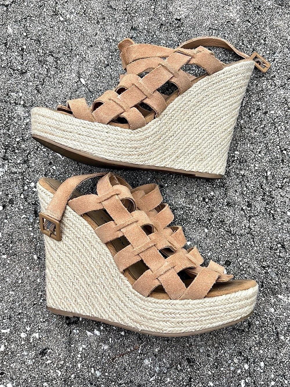 Chinese Laundry Strappy Espadrille Wedge Sandals Brown & Cream